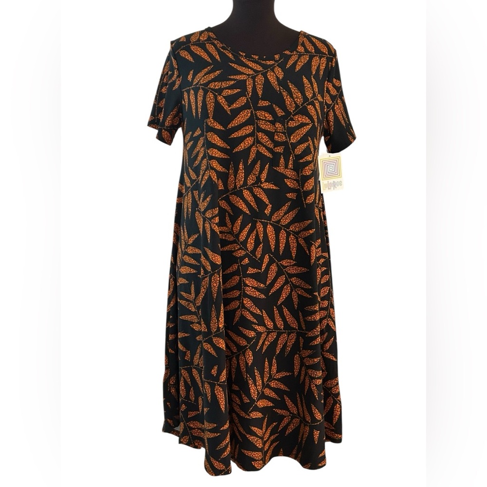 New LuLaRoe M Carly Swing Dress Black With Orange Leaves Fall New NWT 10-12